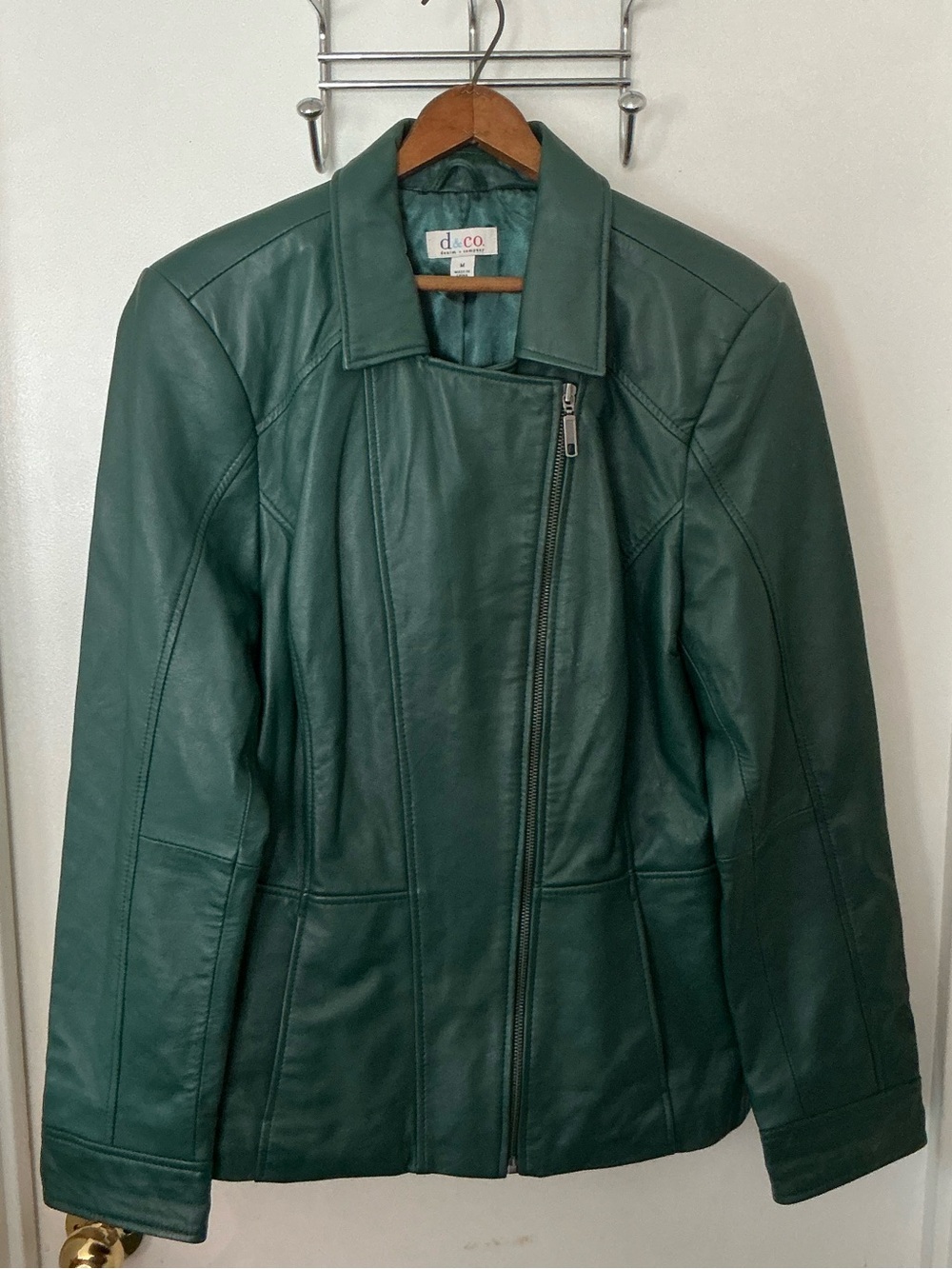 D&Co Women's Dark Green Leather Zip Motorcycle Moto Jacket Medium